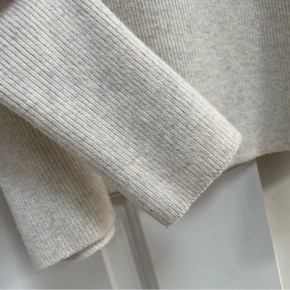 CAbi Lux Oatmeal Cowl Neck Cropped Length Tapered Sleeve Drop Shoulder Sweater - Picture 3 of 12